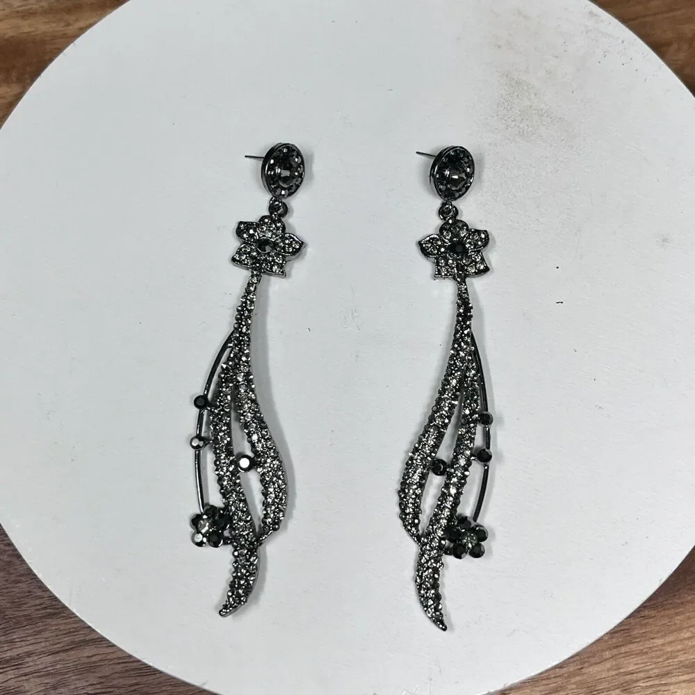 Earrings Women Dark Silver Tone And Stone Fashion‎ Dangle Drop 4.5 Inch 2127